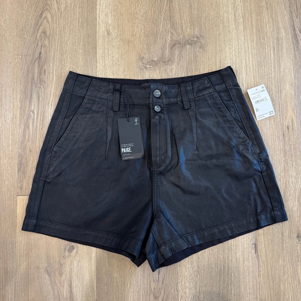 PAIGE Mayslie Coated Pleated Denim Shorts Midnight Oil Black High Rise 29 NWT